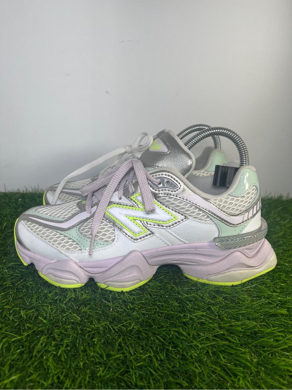 New Balance Women's Chunky Sneakers in White, Lavender & Neon Yellow